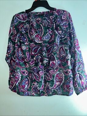 Talbots Green Paisley Peasant Blouse with Pink & Purple Motif